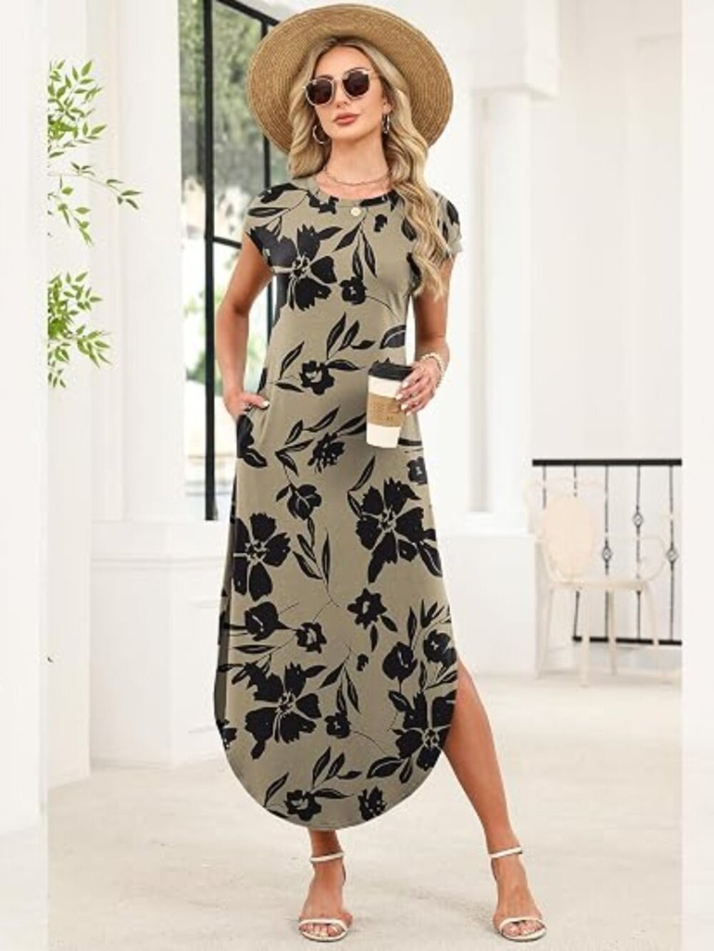 Summer Dresses Cap Sleeve Crewneck Maxi Long Casual Dress with Pockets Beach Vac